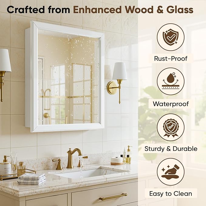 Antok Medicine Cabinet with Mirror 15x19 inch, Wall-Mounted Bathroom Mirrors with Storage Modern, in Recessed Vanity Medicine Cabinets Door Wooden Frame Shelf Surface Mount Over Sink Organizer, White