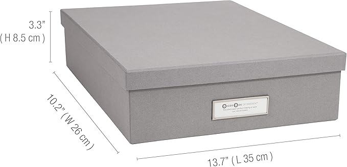 Bigso Oskar Fiberboard Label Frame Document Letter Box - File Organizer Box for Important Paperwork - Document Storage with a Lid & Metal Label Window - 3.3 in x 10.2 in x 13.8 in - Grey