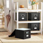 Huolewa New Portable File Organizer Boxes Set of 4, Collapsible Linen Hanging Filing Storage Boxes with Plastic Slide, Decorative Home/Office Filing System for File and Folders Storage (Black)