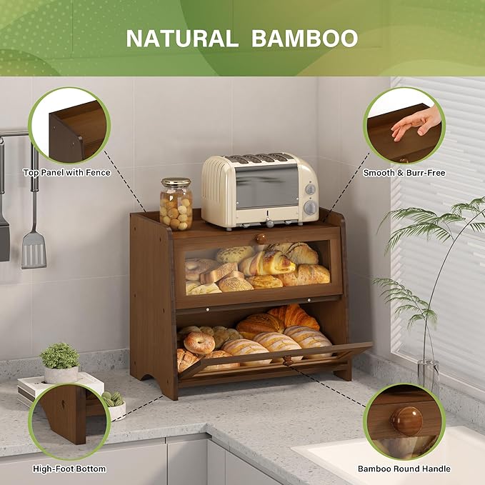 Double Layer Bread Box for Kitchen Countertop, Large Breadbox Bread Container Storage with Acrylic Door, Wooden Farmhouse Bread Holder (Brown, Medim-15.7" L x 9.5" W x 13" H)