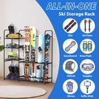 Freestanding Ski Rack for Garage - Stores 4 Pairs of Skis, Adjustable Ski Boot Holder, Organizes Skis, Boots, Poles, Goggles, Helmets & Gear, Ideal for Garage, Shed, Basement, Ski Enthusiasts