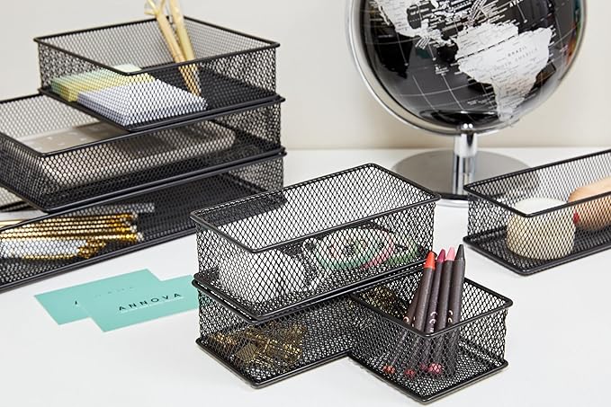 Annova Mesh Drawer Cabinet and Shelf Organizer Bins Storage Basket School Office Supply Holder Tray- Set of 2 (Black, 3x6x2 Inch)