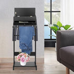 Suit Valet Stand for Man, 17.32x14.17x43.31in Wood Clothes Stand with Top Compartment, Floor Standing Men Contour Hanger Valet Stand with a Hanging Rod, 33lbs Load Bearing Capacity, Smooth Edges