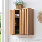 Fluted Bathroom Wall Cabinet Over Toilet, 15mm Thick Moisture-Resistant Wood Hanging Storage with Push-to-Open Doors, Japandi Floating Medicine Cabinet for Half Bath & Kitchen, Natural Oak