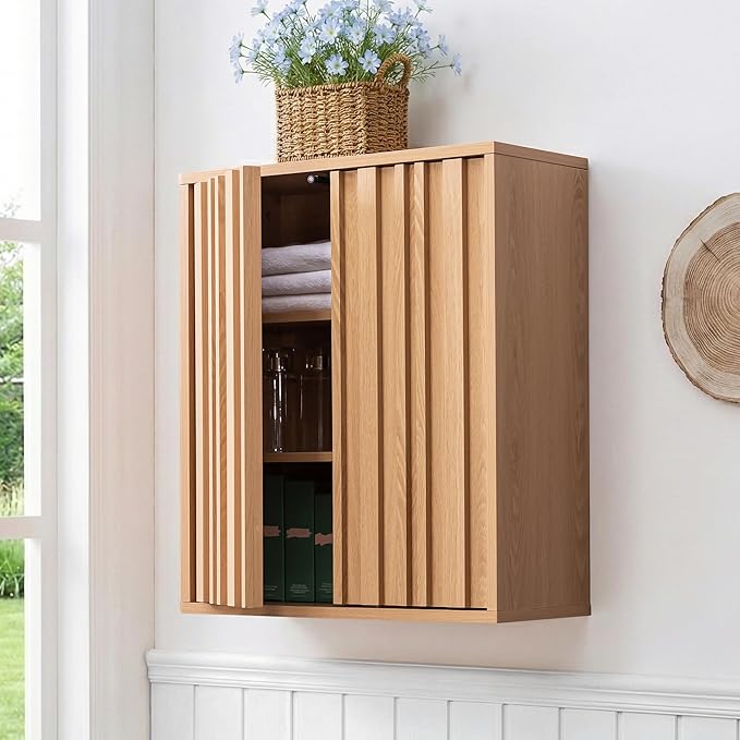 Fluted Bathroom Wall Cabinet Over Toilet, 15mm Thick Moisture-Resistant Wood Hanging Storage with Push-to-Open Doors, Japandi Floating Medicine Cabinet for Half Bath & Kitchen, Natural Oak
