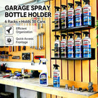 6 Pack Wall-Mounted Spray Bottle Holder, Heavy-Duty Steel Black Aerosol Can Storage Rack with 30 Holes, Spray Paint Can Organizer for Garage, Shop, Home, Tool Trailer & Service Truck
