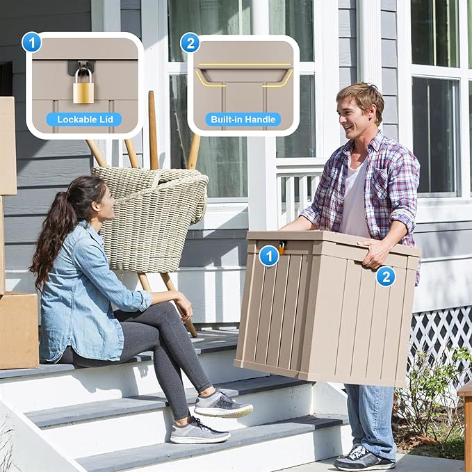 50 Gallon Outdoor Deck Box,Waterproof Resin Outdoor Storage Boxes, Outside Storage Lockable Container for Garden Tools,Indooor Cushions,Accessories (Grey)