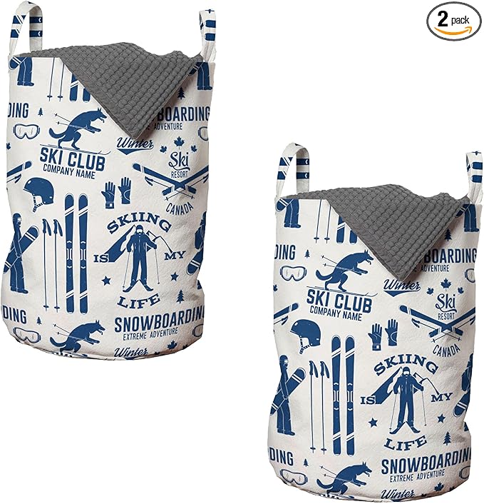 Ambesonne Ski Pattern Laundry Bag Pack of 2, Vintage Style Monochromatic Design of Skiing Themed Motifs, Hamper Basket with Handles Drawstring Closure, 13" x 19", Navy White