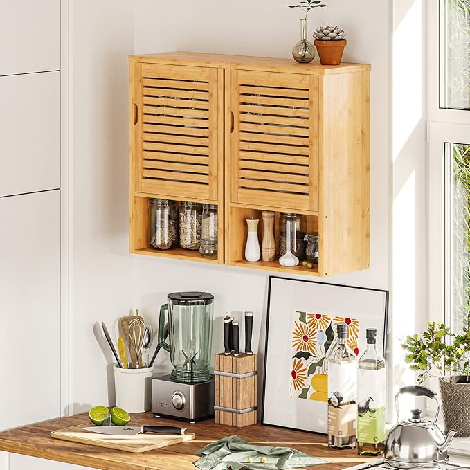 VIAGDO Bathroom Wall Cabinet, Wooden Medicine Cabinet with Single Door and Adjustable Inner Shelf, Bamboo Storage Cabinet Wall Mounted, Over The Toilet Hanging Cupboard, 15.7’’Lx7.8’’Wx23.6’’H