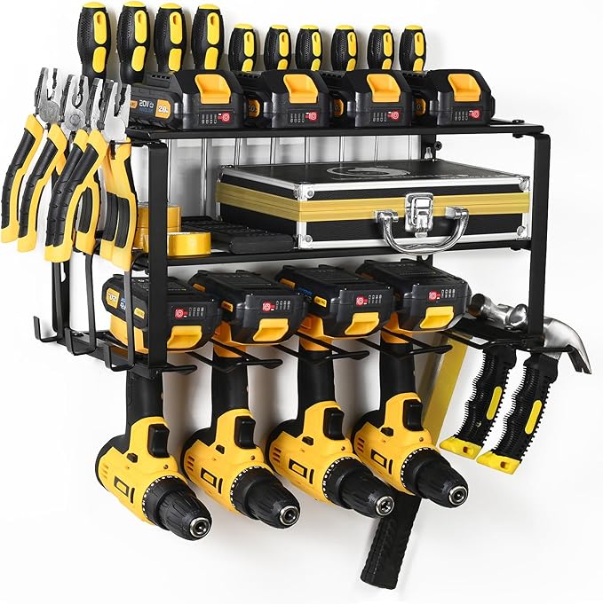 Wall Mount Power Tool Organizer, 3 Layers Floating Tool Rack with 4 Cordless Drill Holders, Storage Rack for Workshop/Garage, 150Lbs Load Capacity, Heavy Duty Iron, Matte Black