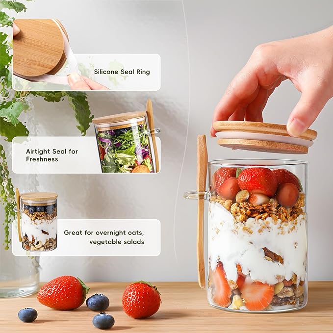 Overnight Oats Containers with Lids,16oz Overnight Oats Jars 4 Pack, Oatmeal Cups,Meal Prep Containers,Glass Meal Prep Containers with Lids,China Pudding Jars