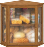 Corner Bread Box for Kitchen Counter, Bamboo Wood Large Capacity Bread Storage Bin with Acrylic Wavy Door Panel (Brown, Extra Large)