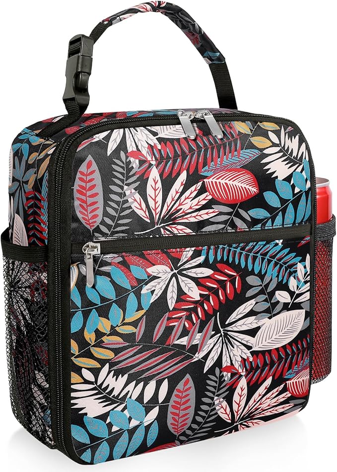 Small Lunch Box Insulated Lunch Bag for Men Women Kids, Reusable Lunch Bags Portable Small Lunch boxes Cooler Bag for School/Work/Picnic, Red Leaves 12-Can(6.5L)