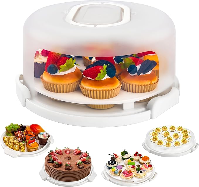 White Cake Containers with Lids Round Plastic Cupcake Holders 4-in-1 Multipurpose Cake Carrier Holder for 11 Inch Cake Pies Cupcake Eggs Fruit or Snack Transport