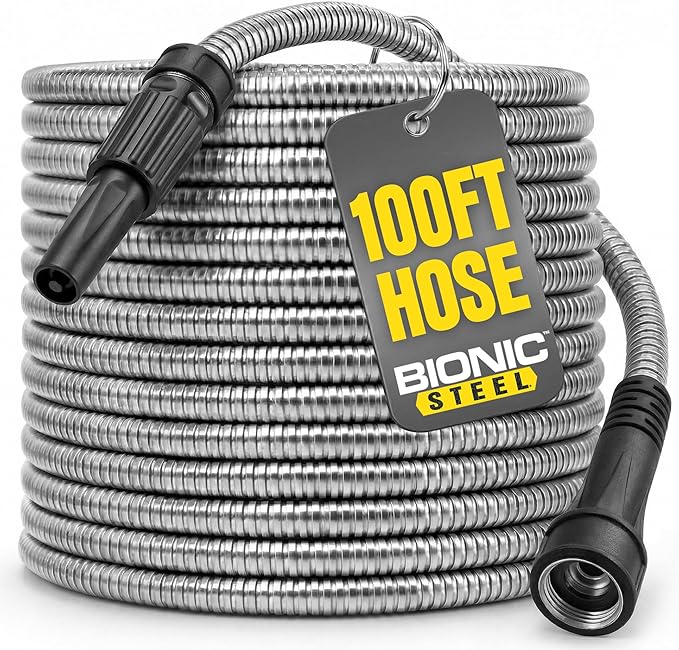 BIONIC STEEL 100 Ft Metal Garden Hose with Sprayer Nozzle, Non Kinking Designed Stainless Steel Heavy Duty Water Hose 100 Ft x 5/8 in. Flexible NON Expandable for Uninterrupted Water Flow, 500 PSI
