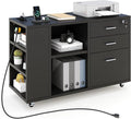 YITAHOME File Cabinet with Charging Station, Mobile Lateral Filing Cabinet with Lock for Home Office, Printer Stand with Open Storage Shelf, Fits A4, Letter, Legal Size Files, Office Furniture, Black