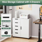 MIIIKO 5 Drawer Storage Cabinet with Door and Shelf, Mobile Lateral Cabinet on Wheels, Office Small Organizer Printer Stand, White File Cabinets