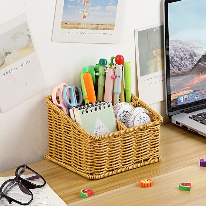 BTSKY 3 Slots Natural Woven Remote Control Holder for Desk Rattan Media TV Caddy Storage Holder Office Supply Storage Rack Desk Accessories Organizer For Living Room Bedroom Countertop, Beige