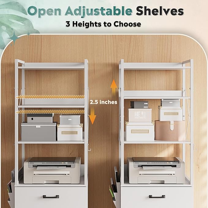 DEVAISE 2 Drawer File Cabinet with Lock, Charging Station & Adjustable Shelf,Tall Filing Cabinet for Home Office with Hook, Printer Stand Fits A4/Letter/Legal, White