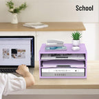 Wood Desk Organizer, 3 Tier Paper Tray Organizer for Desk with Adjustable Storage Shelves, Desktop File Organization Paper Sorter Mail Holder for Office Home Classroom, Purple