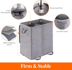 Lifewit Double Laundry Hamper with Lid and Removable Laundry Bags, Large Collapsible 2 Dividers Dirty Clothes Basket with Handles for Bedroom Laundry Room Closet Bathroom College, 155L Grey