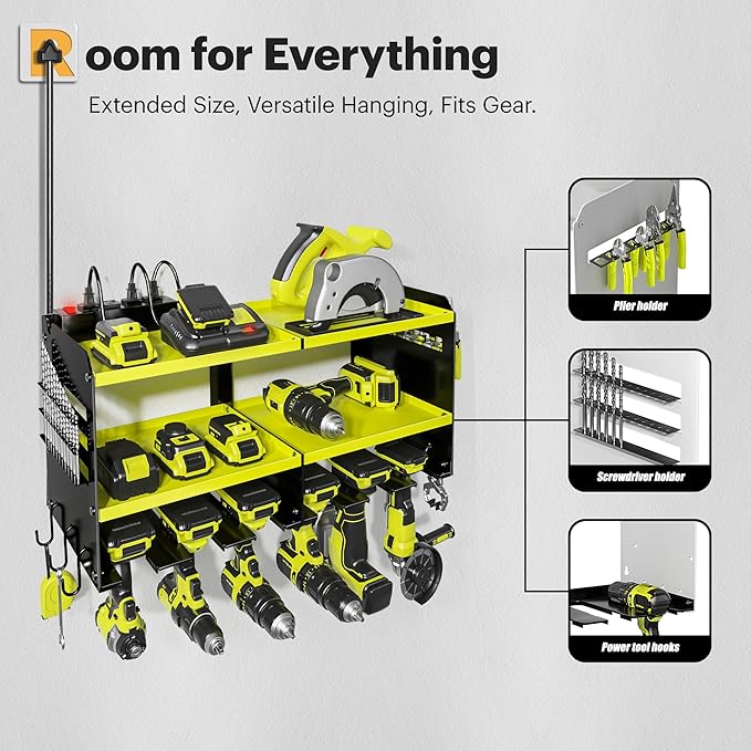 Power Tool Organizer, 15 Min Quick Assembly & Max 420lb Load by Heavy Duty Metal, 6 Slots for Cordless Drill with 4 Outlet Power Strip in Garage/Workshop/Suitable for Thanksgiving/Christmas