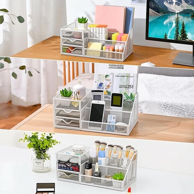 Lavatino Mesh Desk Organizer with 6 Compartments & 2 Drawers, Larger Multi-functional Desktop and Workspace Accessories Organizer for Office, Classroom, Dorm Supplies (White)