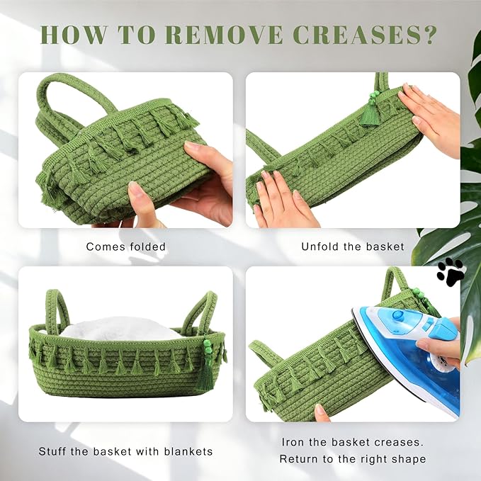 Green Toilet Paper Basket Decorative Boho Cotton Rope Storage Basket Gift Empty Woven Bins with Handle Tassel for Toilet Tank Bathroom Accessories Organizer Decor Countertop Shelf Holder
