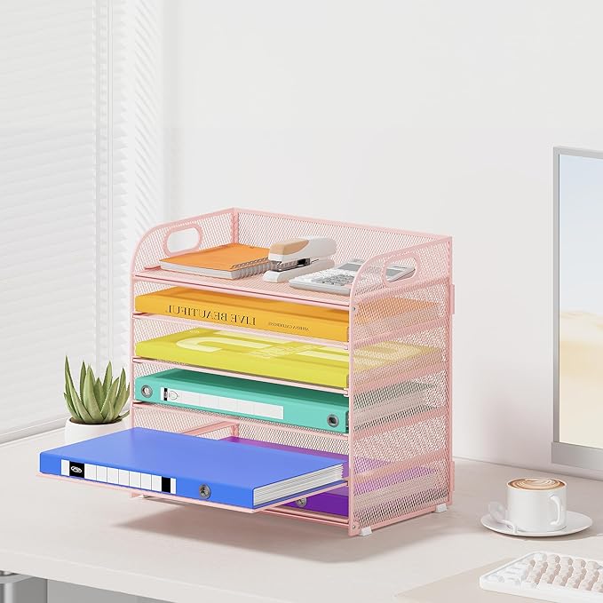 6 Tier Paper Organizer, Pink Letter Tray with Handle, Mesh Desk Organizer, Metal File Organizer, Office Desk Accessories for Home, Office, Classroom, School
