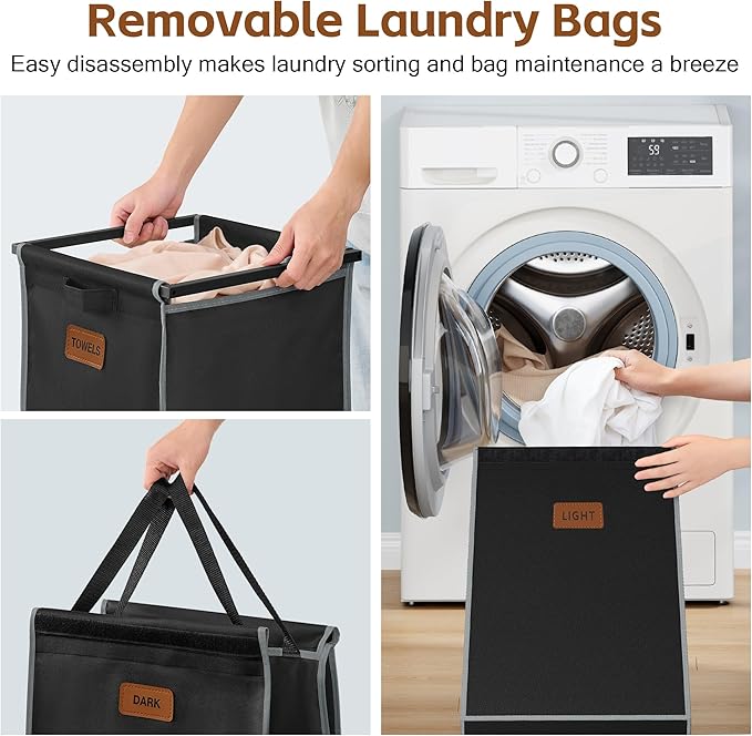 Hoctieon 4 Section Laundry Cart, 48 Gal. (182L) Laundry Hamper with Lid, Laundry Basket with Wheels, Rolling Laundry Sorter Organizer with Shelf, Clothes Separator with Removable Bags, Black