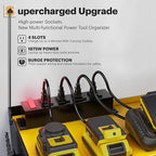 Power Tool Organizer Wall Mount with Charging Station, Tool Battery Holder with 4 Outlet Power Strip15 Min Assembly & Maximum 100lb Load by Heavy Duty Metal, 4 Slots for Cordless Drill