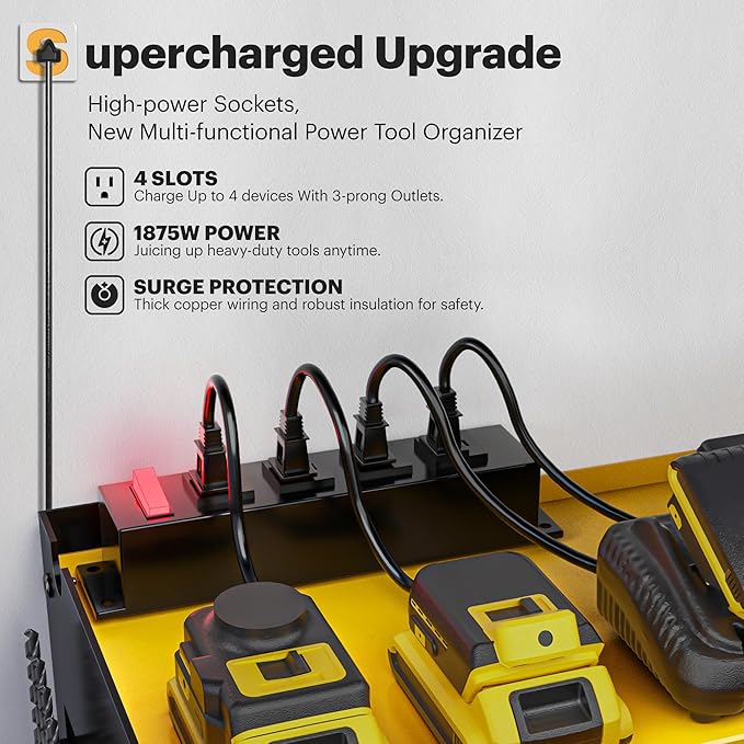 Power Tool Organizer Wall Mount with Charging Station, Tool Battery Holder with 4 Outlet Power Strip15 Min Assembly & Maximum 100lb Load by Heavy Duty Metal, 4 Slots for Cordless Drill