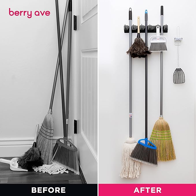 Berry Ave EXTRA GRIP Mop & Broom Holder Wall Mount – Wall Hanging Organizer for Garden Tools, Closet, and Utility Storage, Includes Hardware, Fits Standard Brooms & Mops