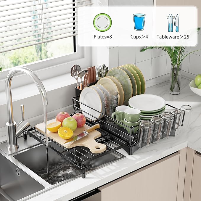 Expandable Dish Drying Rack for Kitchen Counter, Large Capacity Dish Drainer with Utensil Holder & Drip Tray, Space Saving Organizer (12.7"-21.7" x 17"), Black
