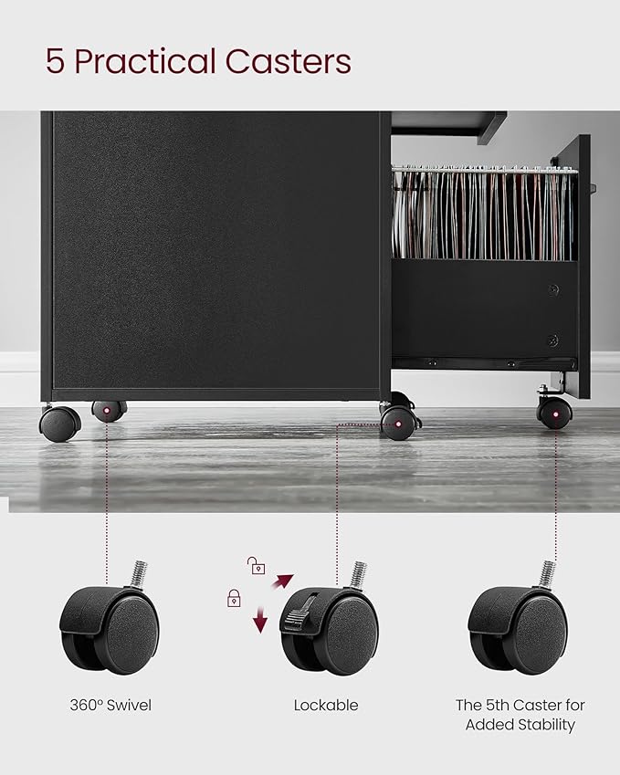 VASAGLE File Cabinet, Mobile Filing Cabinet with Wheels, 2 Lockable Drawers, Open Shelf, for A4, Letter Size, Hanging File Folders, Ink Black UOFC077B16