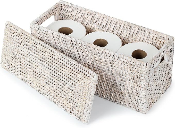 YANGQIHOME Toilet Paper Basket, Rattan Toilet Tank Basket for Bathroom, Wicker Baskets with Lid for Storage, Whitewash
