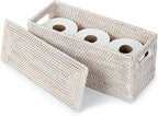 YANGQIHOME Toilet Paper Basket, Rattan Toilet Tank Basket for Bathroom, Wicker Baskets with Lid for Storage, Whitewash
