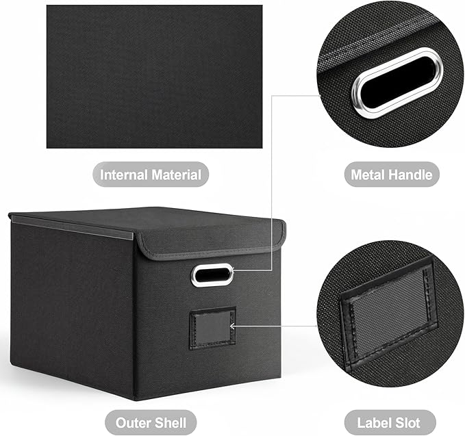Collapsible File Box with Lid & Plastic Slide - Hanging Document Organizer for Office/Home, 14.96x12.6x10.83 Inch,Decorative Home File Bin,Black, 1 Pack (No Folders Included)