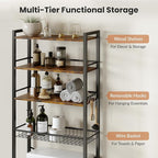 Over The Toilet Storage Rack, Bathroom Organizer with 3 Shelves & Basket, Space Saver Over Toilet Shelf with Adjustable Hooks, Rustic Brown and Black