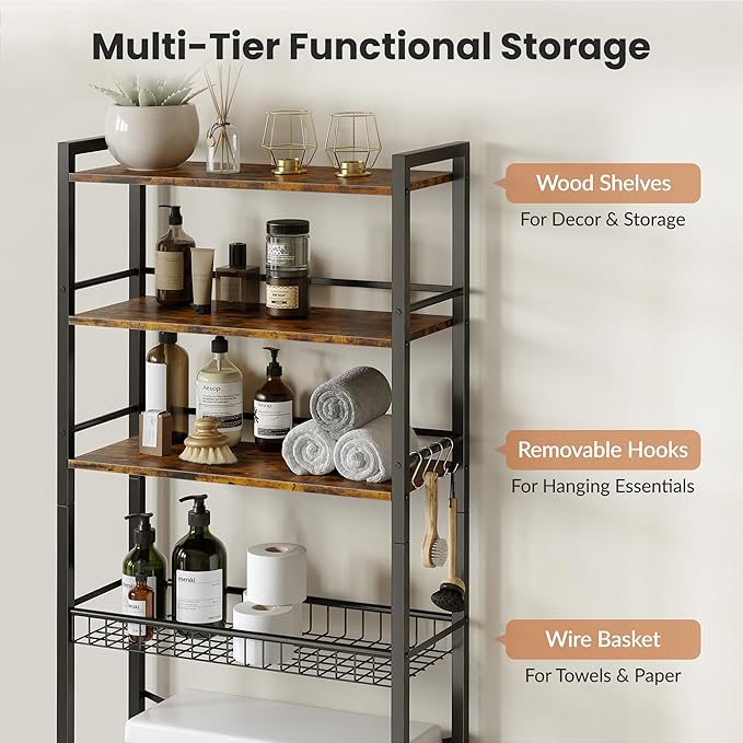 Over The Toilet Storage Rack, Bathroom Organizer with 3 Shelves & Basket, Space Saver Over Toilet Shelf with Adjustable Hooks, Rustic Brown and Black