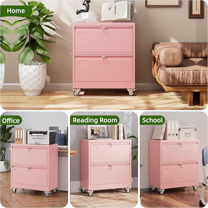 Aobabo Lateral File Cabinet 2 Drawer with Wheels, Lockable Metal Filing Cabinet for Home Office, Legal/Letter Size,Pink,Required Assembled,15.87" D x 28.94" W x 34" H