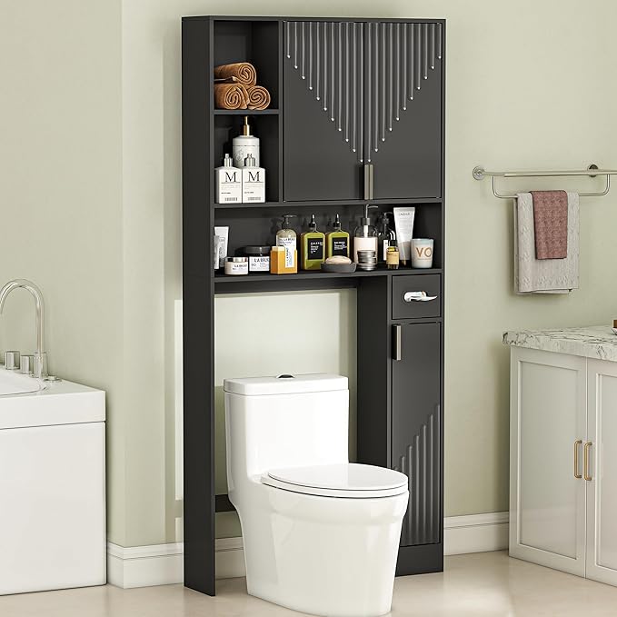 GOODONE Black Over The Toilet Storage Cabinet - with 3 Doors and Toilet Paper Holder Stand, FreeStanding, for Bathroom, Restroom, Laundry