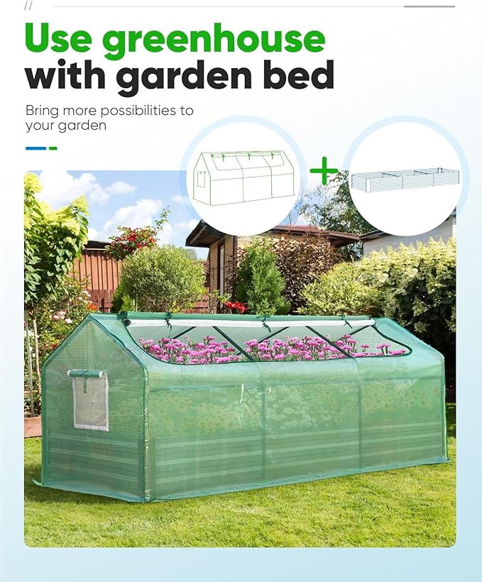 Quictent Mini Greenhouse, Portable Quick-Setup Small Tabletop Waterproof UV Protected PE Cover Shelter for Outdoors/Indoors W/ Raised Base for Garden Plant Seed Starting, 8 Stake, 95"x36"x36", Green
