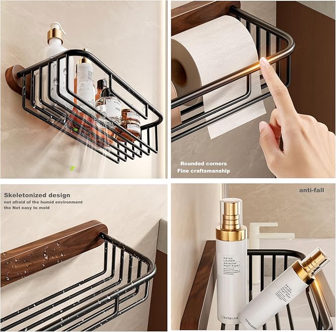 Bathroom Shelves,Toilet Paper Holder Wall Mount,Walnut Wooden & Aluminum Shelf Organizer Rack, Large Capacity No-Drill Rack Storage