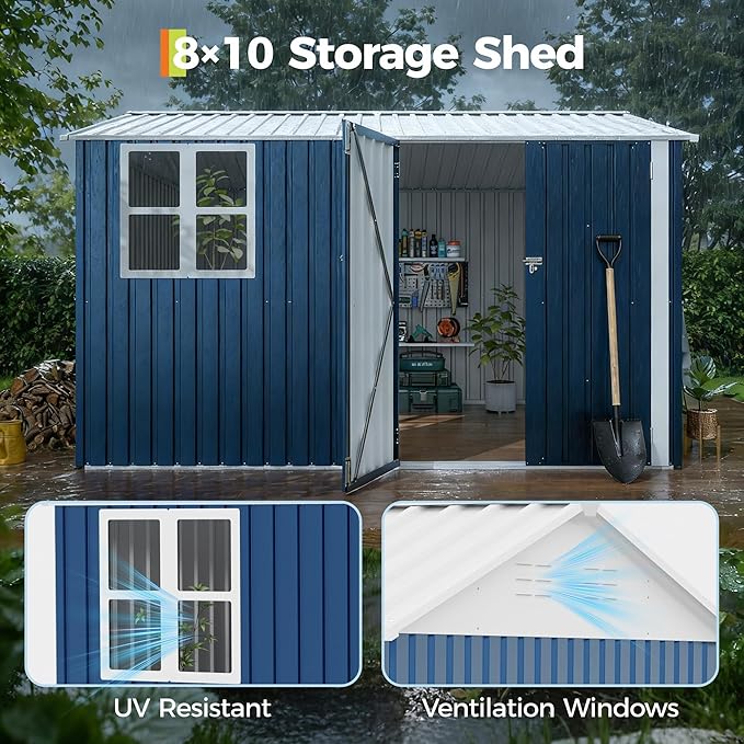 10x8 FT Outdoor Storage Shed, 450 Cu Ft Weather Resistant Garden Shed with Gable Roof & Grid Window, Multi-Use Shed for Bikes, Lawn Mowers, Patio Supplies & Pet Shelter