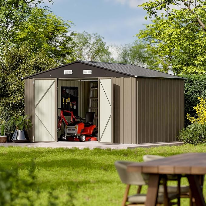 Patiowell 10 x 8 FT Outdoor Storage Shed, Large Garden Tool Metal Shed with Sloping Roof and Double Lockable Door, Outdoor Shed for Backyard Garden Patio Lawn, Brown