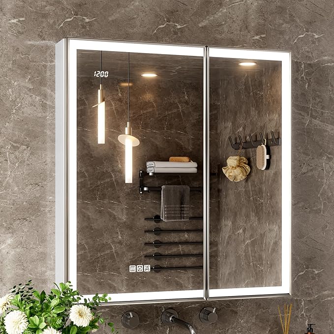 30x32 Lighted Medicine Cabinet with Mirror, Beveled Brushed Nickel Framed Surface or Recessed Fogless Dimmable LED Medicine Cabinet with Lights, Outlet, Time Display and Sensor Inner Light