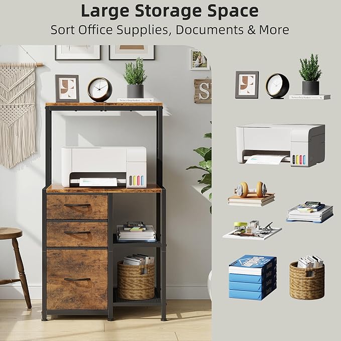 File Cabinet with 3 Fabric Drawers and 4 Open Shelves, Printer Stand with Top Storage Shelf, Office Cabinet with File Drawer Fits A4/Letter for Home Office, Rustic Brown