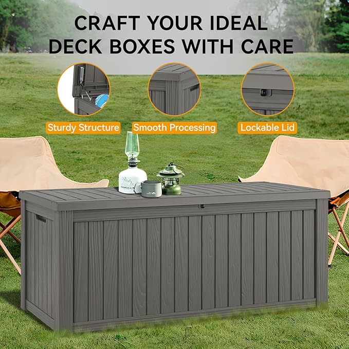 180 Gallon Outdoor Storage Box, Resin Deck Boxes Outdoor Waterproof For Patio Furniture, Garden Tools, Pool Supplies, Lockable And UV Resistant (Striped Gray)