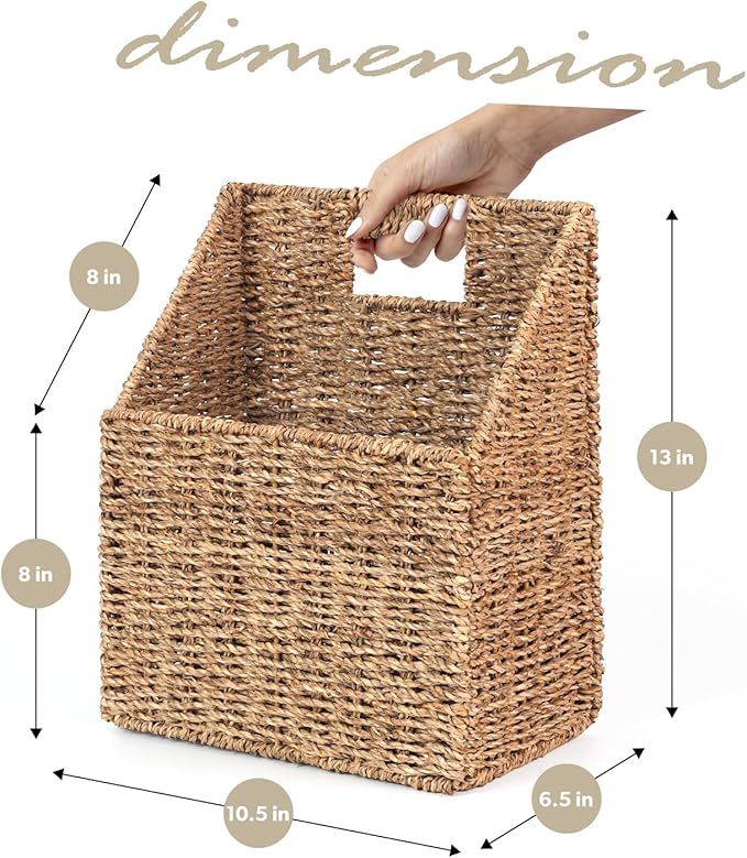 Wicker Hanging Storage Basket (10,5"Lx6,5"Wx13"H), Set of 2 Wall Baskets, Water Hyacinth Baskets, Wall Decor Hyacinth Basket Hanging for Organizing Files, Mails, Books (Seagrass)